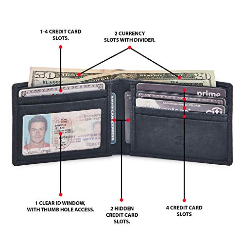 Image of Real Leather Mens Bifold Wallet RFID Blocking Slim Minimalist Front Pocket - Thin & Stylish with ID Window in Gift Box, Crazy Horse Navy, 4 inch x 3.25 inch x 0.75 inch, Minimalist