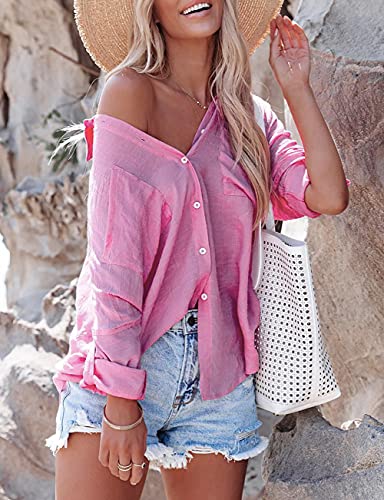 Image of Bsubseach Women Button Down Beach Shirt Long Sleeve Swimsuit Cover Up | Bathing Suit CoverUps Basic Lightweight Staple, Roll-Up Adjustable Sleeves, Drop Shoulder Oversized Blouses