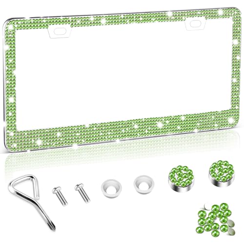 Image of Amiss Bling License Plate Frame for Women, 1Pack Rhinestone Handcrafted Crystal Premium Stainless Steel, Stainless Steel Car Decorative Accessories with Diamond Sparkle Glitter Caps (Green)