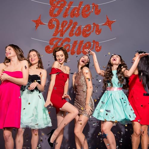 Image of BEISHIDA Glitter Red Older Wiser Hotter Banner with Star, Funny Birthday Banner 30th 40th 50th 60th 70th 80th Party Decorations