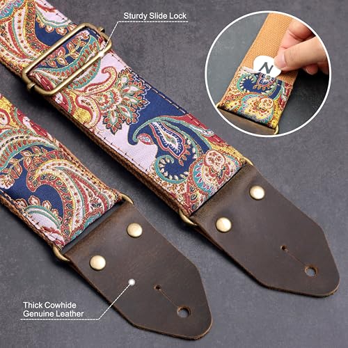 Image of Nefelibata Guitar Strap,Crazy Horse Leather Jacquard Embroidery Cotton Guitar Straps for Bass, Electric & Acoustic, Best Gifts for Guitarists(Golden Silk Dark Blue Flower)