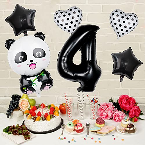 6 Pcs Panda Foil Balloons Set,Panda 4Rd Birthday Decoration Foil Balloons 32Inch Number 4 Mylar Balloons Heart Star For Kids Boys Girls Panda Theme Birthday Party Shower Party Decorations(4) #TOP4