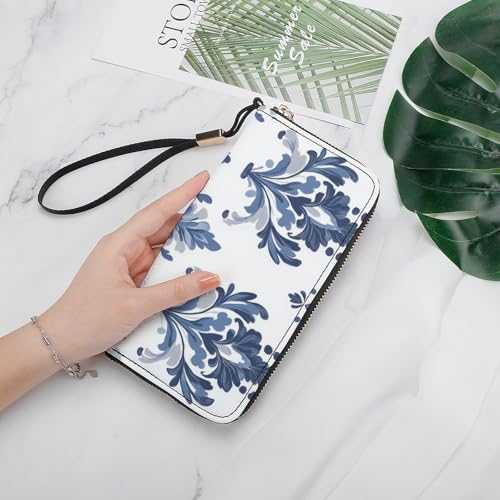 Blue White Floral Victorian Aesthetic PU Leather Clutch Long Bifold Wallet, Coin Purse Credit Pass Case, Durable Card-Holder Money Storage for Women Men4