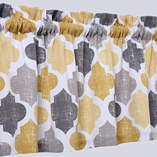 Haperlare Quatrefoil Pattern Valance Curtains for Kitchen Cafe Curtains, Tile Print Bathroom Window Curtains, Multi Color Window Treatment, 56" x 15", Yellow/Grey - Thumbnail 4
