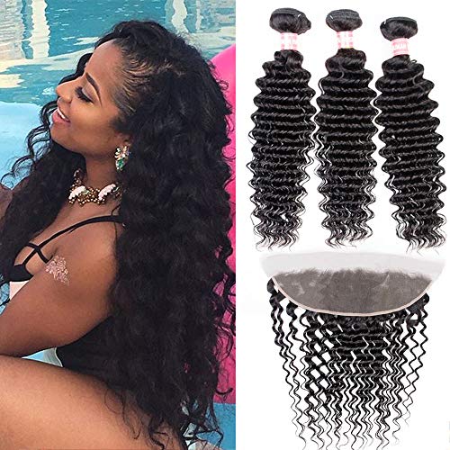 NewYou Brazilian Virgin Deep Wave 3 Bundles with Frontal 8A Grade Unprocessed Human Hair Weave with 13 ×4 Lace Frontal 100% Virgin Human Hair Bundles with Ear to Ear Lace Closure(20 22 24+18 Frontal)