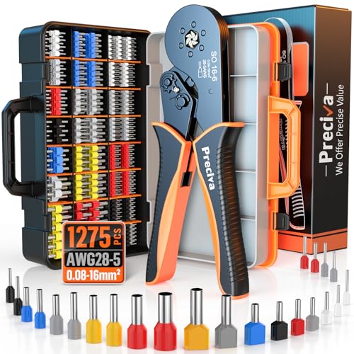 Crimpzangen Aderendhülsen Set, Preciva 0.08-16mm² Aderendhülsenzange Sechskant Crimpzange Presszange mit 1010 Stück Einzeilige Aderendhülsen + 265 Stück Twin Aderendhülsen