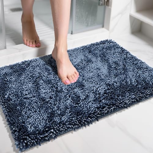 Image of Yimobra Chenille Bathroom Rugs Non Slip, Extra Thick Soft Absorbent Bath Rug 31.5x20 Inch, Machine Washable Quick Dry Bath Mat for Bathroom Floor, Tub and Shower, Home Decor Accessories, Light Blue