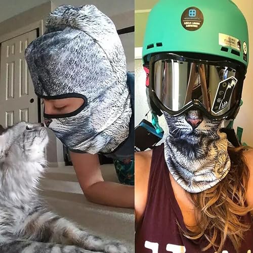 Image of Cat Ski Mask, 2 Pack 3D Sheisty Face Balaclava, Winter Outdoor Shiesty Animal Hood with Ears, Halloween Decor, Funny Windproof Full Cover for Skiing Riding Music Festivals Raves