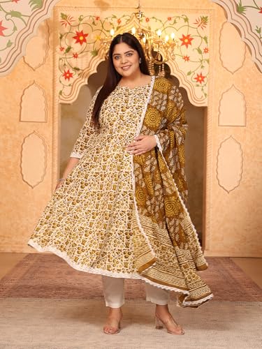 Image of MEERA FAB Women's Pure Cotton Printed Anarkali Kurta with Palazzos & Dupatta