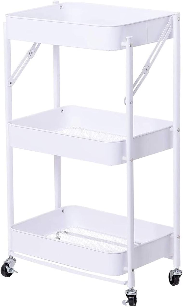 Showay- 3-Tier Foldable Utility Rolling Cart Hollow-Carved Design Of Mesh Basket, With Wheels Metal Storage Cart For Kitchen Bedroom Living Room Bathroom Office White