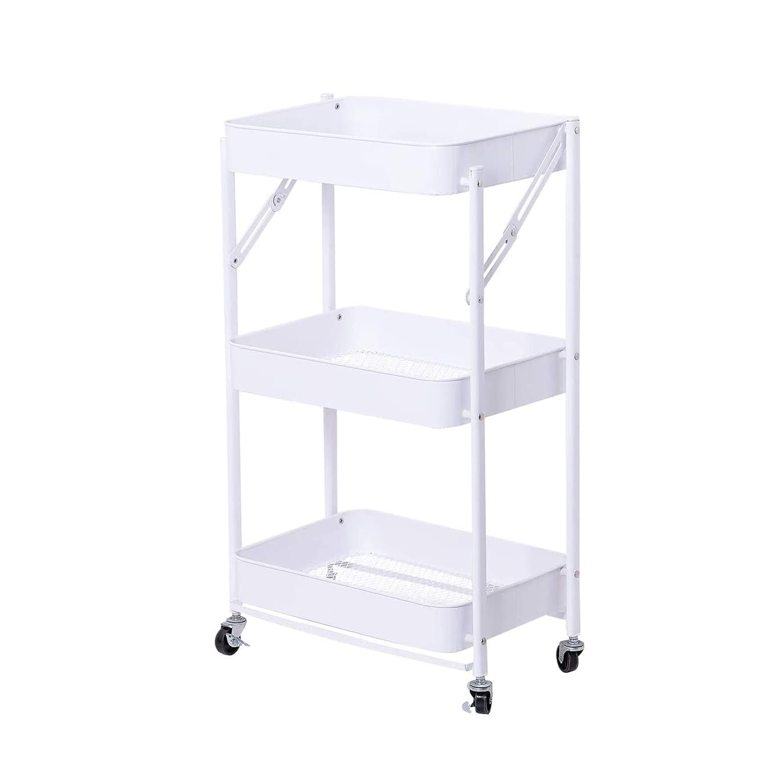 Showay- 3-Tier Foldable Utility Rolling Cart Hollow-Carved Design Of Mesh Basket, With Wheels Metal Storage Cart For Kitchen Bedroom Living Room Bathroom Office White