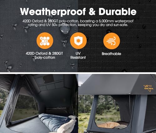 SanHima Hotham X Rooftop Tent Hard Shell - Spacious Overland Aluminium Roof Top Tent w/ 2\" Thick Mattress, LED Strip Light & Dual Side Window, Quick Setup for Car SUV Truck Camping, 3 People Tent - Thumbnail 3