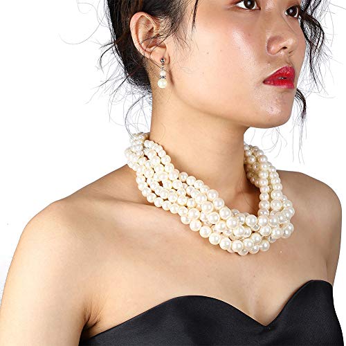 Kalse Simulated Pearl Cluster White Beads Twisted Statement Chunky Bib Short Choker Necklace4