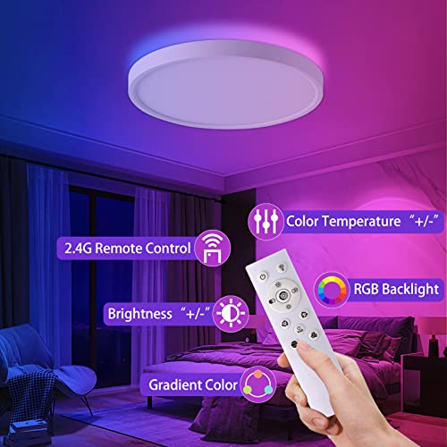 Amansour Flush Mount Led Ceiling Light With Rgb Backlight, 12-Inch Dimmable Ceiling Light Fixture With Remote, 24W Ultra-Thin Round Ceiling Light For Bedroom Living Room #TOP2