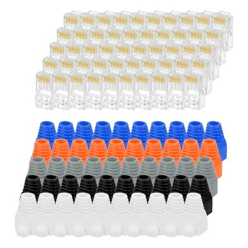 Image of sourcing map 50pcs Cat6 RJ45 Pass Through Connectors, RJ45 Connector 8P8C Gold Plated Plugs with 50pcs Strain Relief Boots(White Grey Blue Black Orange)