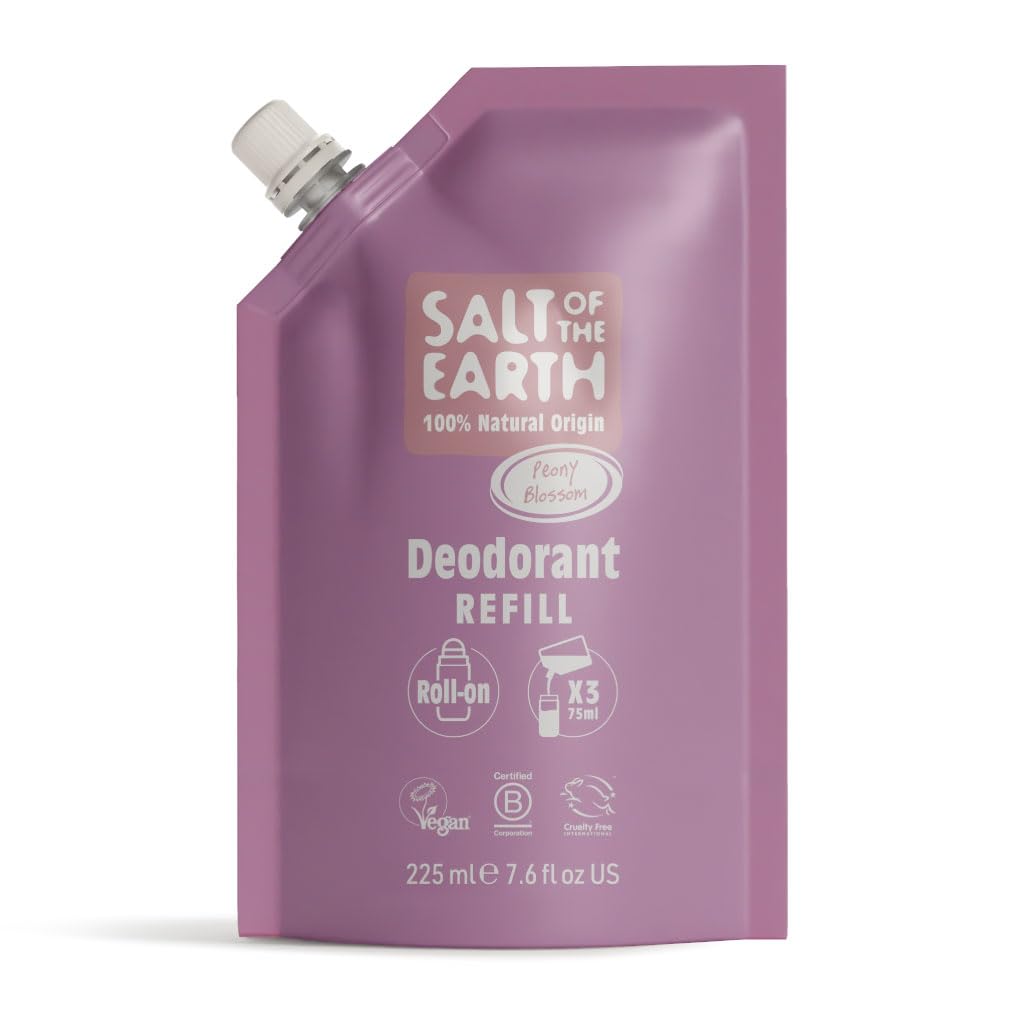 Salt of the Earth - Natural Deodorant Roll On Refill Pouch, x3 Uses - Peony Blossom - Vegan, Long Lasting Protection, Made in the UK - 225ml