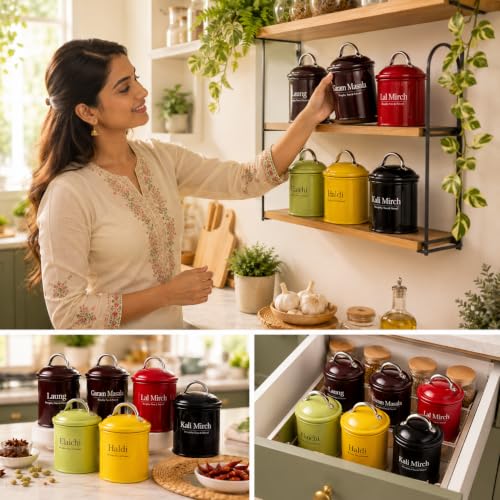 Image of MARKET 99 Metal Spice Jars Set of 6 (250 ml Each) - Multicolor Glossy Round Typographic Design Spice Storage Containers with Lid for Kitchen Storage, Spice Box & Organizer