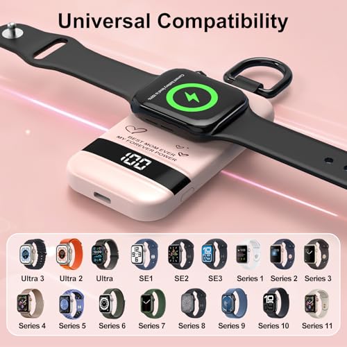 Image of 5W Fast Portable Charger for Apple Watch, 2500mAh & Digital Display - Magnetic Fast Charging iWatch Charger for Travel - for Apple Watch Series (Pink-Mom)