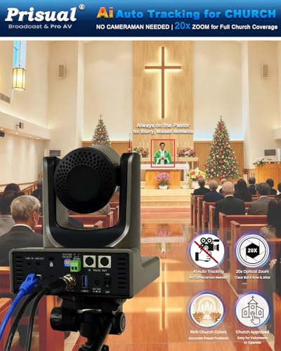 Image of Prisual NDI PTZ Camera Gen 5 AI Auto Tracking, NDI 6 & NDI HX3 Certified | 20X Optical Zoom, 3G-SDI /HDMI /USB /LAN PoE for Church Worship Live Streaming Education Events - TEM-20N PRO
