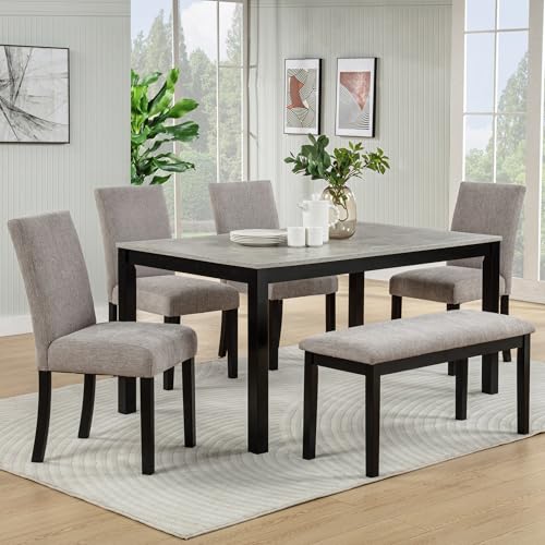 Image of KEIKI 6-Piece Standard Height Dining Table Set with Rectangular Table, 4 Upholstered Curved Backrset Chair, Bench, for 6 Person, Modern Table Set, Easy Assembly, for Kitchen, Dining Room, Black+Gray