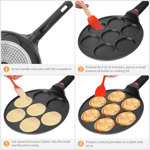 CAINFY Pancake Pan Maker Nonstick Induction Compatible, 10.5 Inch Mini Non Stick Silver Dollar Grill Blini Griddle Crepe Pan,7 Molds Cake Egg Cooker Skillet for Kids Gifts by CAINFY - Image 3