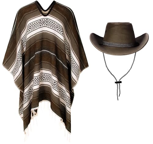 KAIPUTE Western Cowboy Costume Mens Cloak Hat for Adult Halloween Party Cosplay Coffee