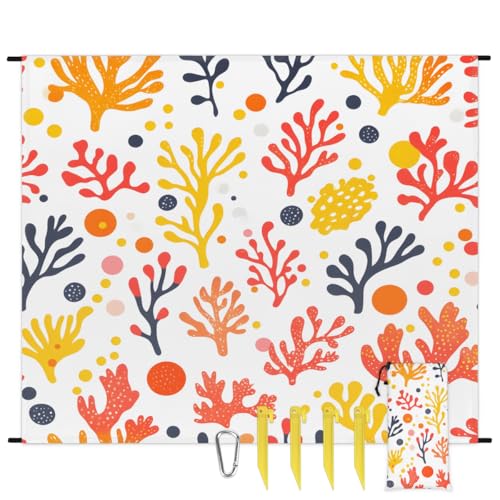 Eabrults Waterproof Sandproof Beach Blanket, 59''×68'' Ocean Seaweed Polyester Outdoor Picnic Blanket with 4 Stakes & Storage Bag for Beach,Camping,Vacation White