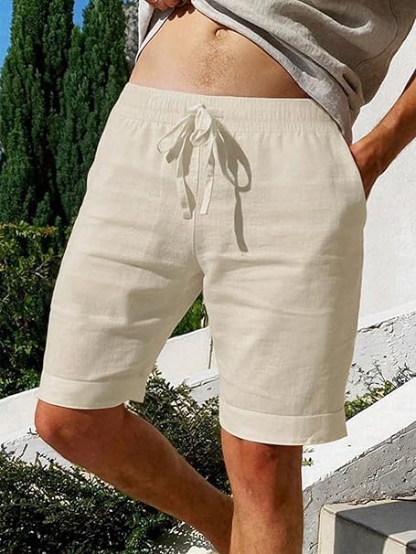 Image of CETLO Men's Cotton Linen Casual Shorts | Elastic Waist Drawstring Bermuda Half Pants with Side Pockets | Lightweight Breathable Summer Beach Holiday Travel Wear | Solid Colour | Beige, Navy, S to XXL