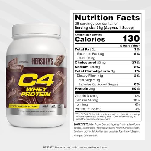 Image of C4 Whey Protein Powder, Hershey's Chocolate - 25g Protein, 0g Added Sugar, 130 Calories Per Serving, Supports Muscle Recovery, 28 Servings, Premium Whey for Post-Workout