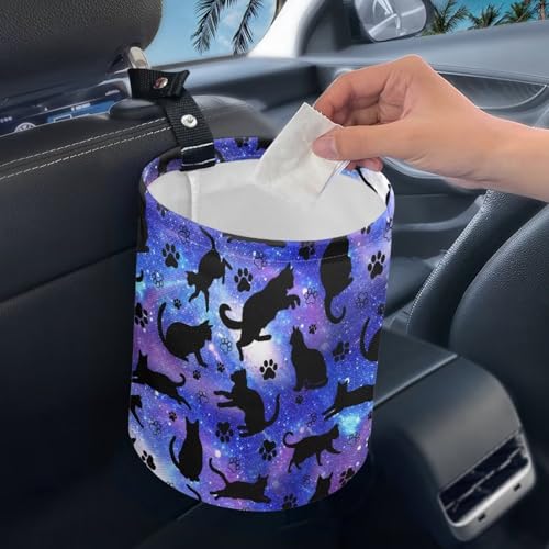 Image of Galaxy Black Cat Car Trash Bag, Car Trash Can - Cute, Portable, Collapsible for Back Seat, Floor, or Hanging Headrest Waste Basket Car Garbage Accessory