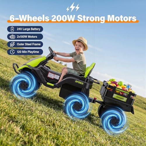 Image of Hikole 24V Ride on Toys Tractor for Kids 3+ w /Trailer, Electric Car, Green