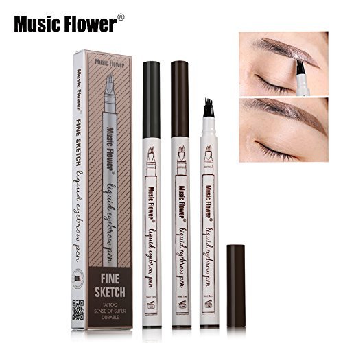 Waterproof Liquid Eyebrow Pencil with 4 Fork Tip, Music Flower Fine Sketch Liquid Eyebrow Tattoo Pen Smudge-proof and Durable (Chestnut)