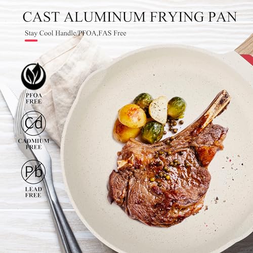 Image of Vinchef 8 Inch White Nonstick Skillet, French Cream Shallow Fry Pan, Induction Compatible, Scratch-Resistant Ceramic Coating