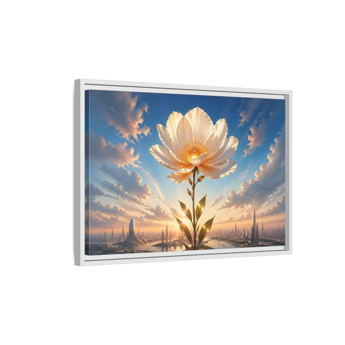 Science Fiction Golden Flower White and Framed Canvas Wall Art - Living Room Decor, Above Couch 24×16 inch (60×40 cm) - Horizontal/Black / 1.25 inch (3 cm)
