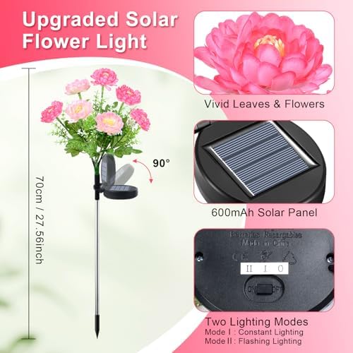 Ninonly 2 Pack Solar Garden Lights Outdoor Waterproof with 7 Flower, Solar Flower Lights Outdoor Garden Decor, Solar Landscape Lights for Yard Patio Lawn Porch Pathway Decoration(Red Pink) - 1