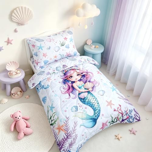 Image of Toddler Bedding Set for Girls, 4 Piece Toddler Bedding Sets Purple Toddler Bed Comforter Set Includes Soft Reversible Comforter, Fitted Sheet, Flat Sheet, Envelope Pillowcase, Ocean Mermaid