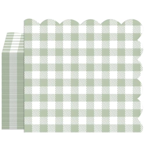 40PCS Green Gingham Napkins Green and White Checkegreen Napkins Sage Jade Napkin Scalloped Cocktail Napkin for Birthday Summer Picnic Barbecue Wedding Baby Shower 2-Ply 5x5 Inch