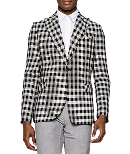 Men Black and White Plaid Blazer, Two-Button Sport Coat, Business Casual Lightweight Single Breasted