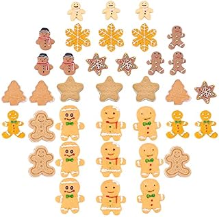 SUNNYCLUE 1 Box 36Pcs 12 Styles Christmas Theme Resin Cabochons Flatback Gingerbread Man Biscuits Tree Snowman Snowflake Ornaments Charms for Cardmaking Scrapbooking Hair Clips Accessories Crafts