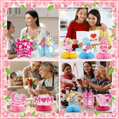 Image of 12 Pcs Mother's Day Decorations Honeycomb Centerpieces 3D Mothers Day Table Centerpiece Flower Heart Honeycomb Table Decorations for Mom Home Office Birthday Supplies Decor