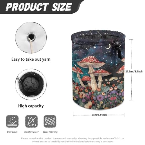Image of Sellikakes Mushroom Floral Yarn Bag with Drawstring, Yarn Holder Crocheting Storage Basket Organizer Crochet Holder for Crocheting Project Store Skein Ball