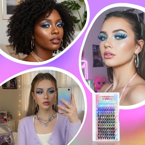 Image of MAYCREATE Colored Wispy False Eyelashes Eyelash Extension 14 16mm Individual Lash Clusters with Red Blue Purple Green Pink Tips, Dramatic DIY Lashes for Festival Stage Party Cosplay