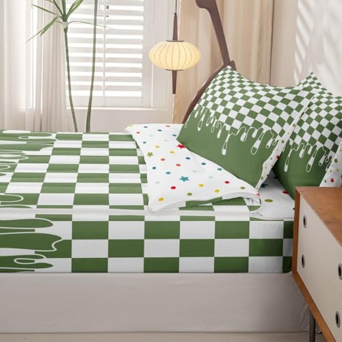 Image of Sage Green Checkered 3Pcs Zip Up Bedding Full Size,Checkerboard Drip Comforter Set with Fitted Sheet And 2 Pillowcases,Grunge Aesthetic Geometric Bed-in-a-Bag Set Zippered Bedspread,Machine Washable