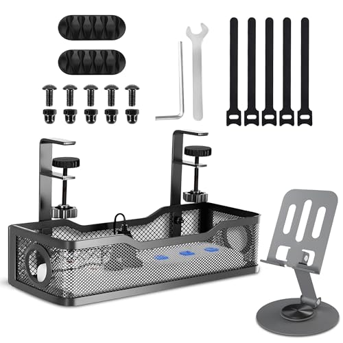 Image of MOREBLUE Under Desk Mesh Cable Organiser Rack with Mobile Stand, Metal Under Table Cable Management Tray for Power Wires & Cables Adjustable, 3in1 Cable Holder, 5 Velcro Strip, Allen Key & Screws