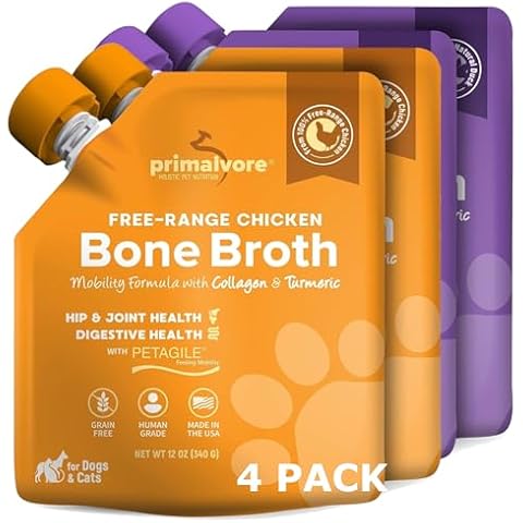 Primalvore Free-Range Bone Broth for Dogs &Cats, Mobility Formula w/Collagen Peptides to Help Support Hip & Joints, Digestion, Skin & Coat and Hydration, Human Grade, Mix 4 Pack Chicken and Duck Cover