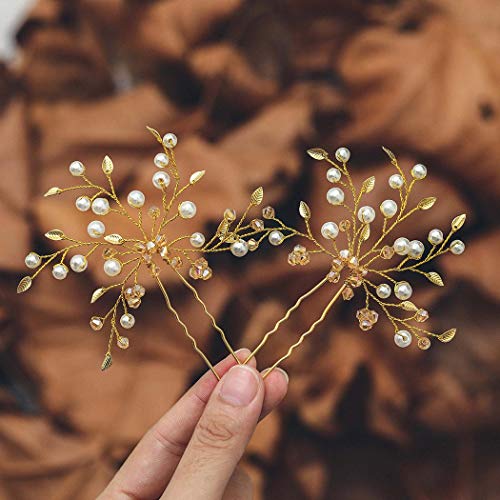 Mayelia Lot de 2 peignes à cheveux en forme de feuilles pour mariée, fille et femme (doré avec perles) Cover