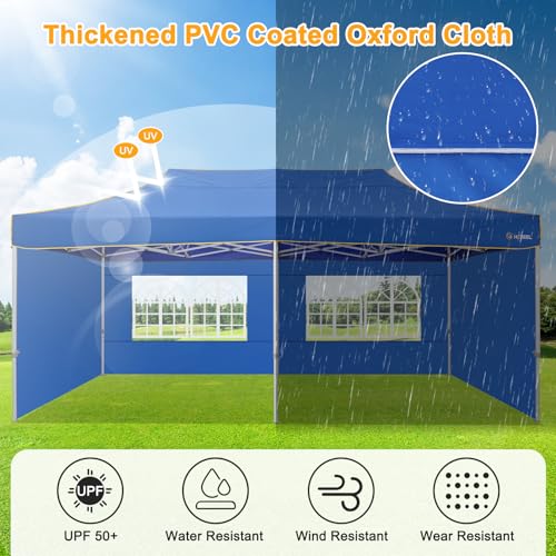 Image of HOTEEL 10x20 Heavy Duty Pop Up Canopy Tent with 4 Sidewalls, Commercial Outdoor Canopy Tents for Parties Event Wedding with Roller Bag, Waterproof & UV 50+, Upgraded Thickened Hexagonal Legs, Blue