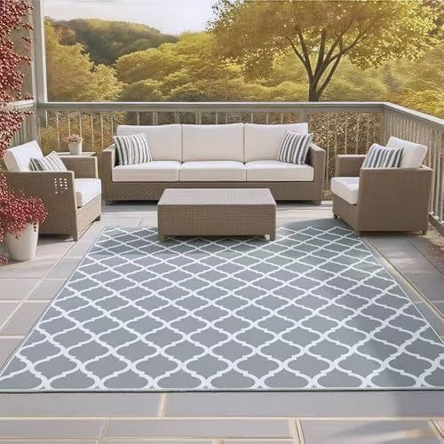 Outdoor Teppich Wetterfest & UV-beständiger, Herbst-Teppich für Terrasse, Garten und Camping, Wasserdichter & Rutschfester Außenteppich, Maschinenwaschbarer Balkon Teppich, 80x150 cm, Graue Gitter.