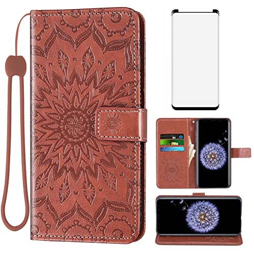Phone Case for Samsung Galaxy S9 Plus Wallet Cases with Tempered Glass Screen Protector Leather Magnetic Flip Cover Card Holder Stand Cell Accessories Glaxay S9+ 9S 9+ S 9 9plus S9plus Women Men Brown