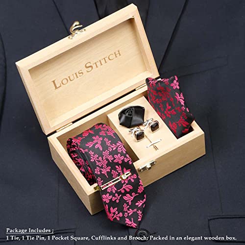 Image of LOUIS STITCH Mens Silk NeckTie Golden Tiepin Gift Combo Set With Pocket Square Cufflinks Brooch Tie Golden Tiepin (Suit Accessories) (Britain)